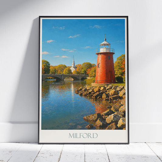 Milford Ohio Travel Poster, Red Lighthouse & Autumn Scenery ~ Little Miami River Art Print | Ohio Town Decor