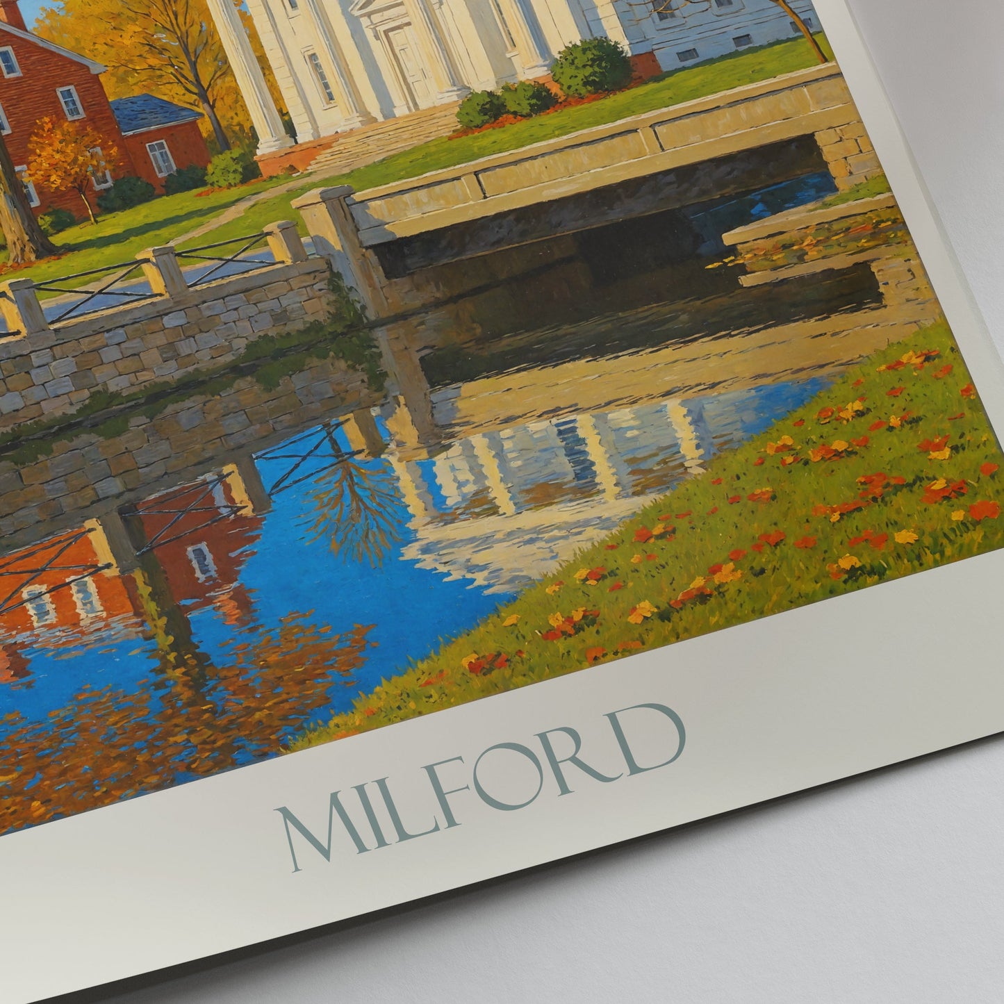 Milford Travel Poster | New England Autumn Art Print | Classic Church & Fall Foliage Decor