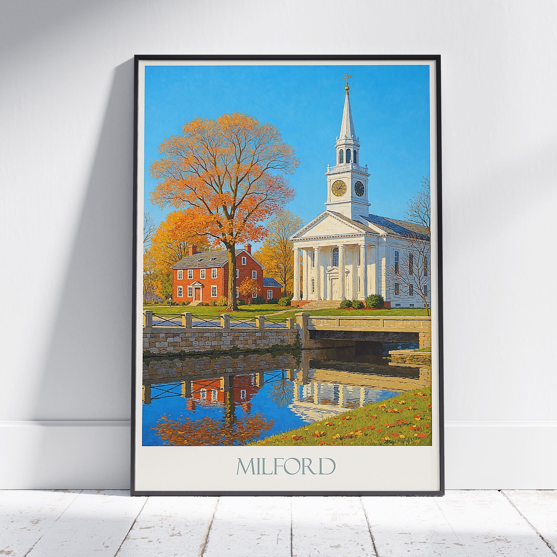 Milford Travel Poster | New England Autumn Art Print | Classic Church & Fall Foliage Decor