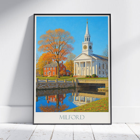 Milford Travel Poster | New England Autumn Art Print | Classic Church & Fall Foliage Decor
