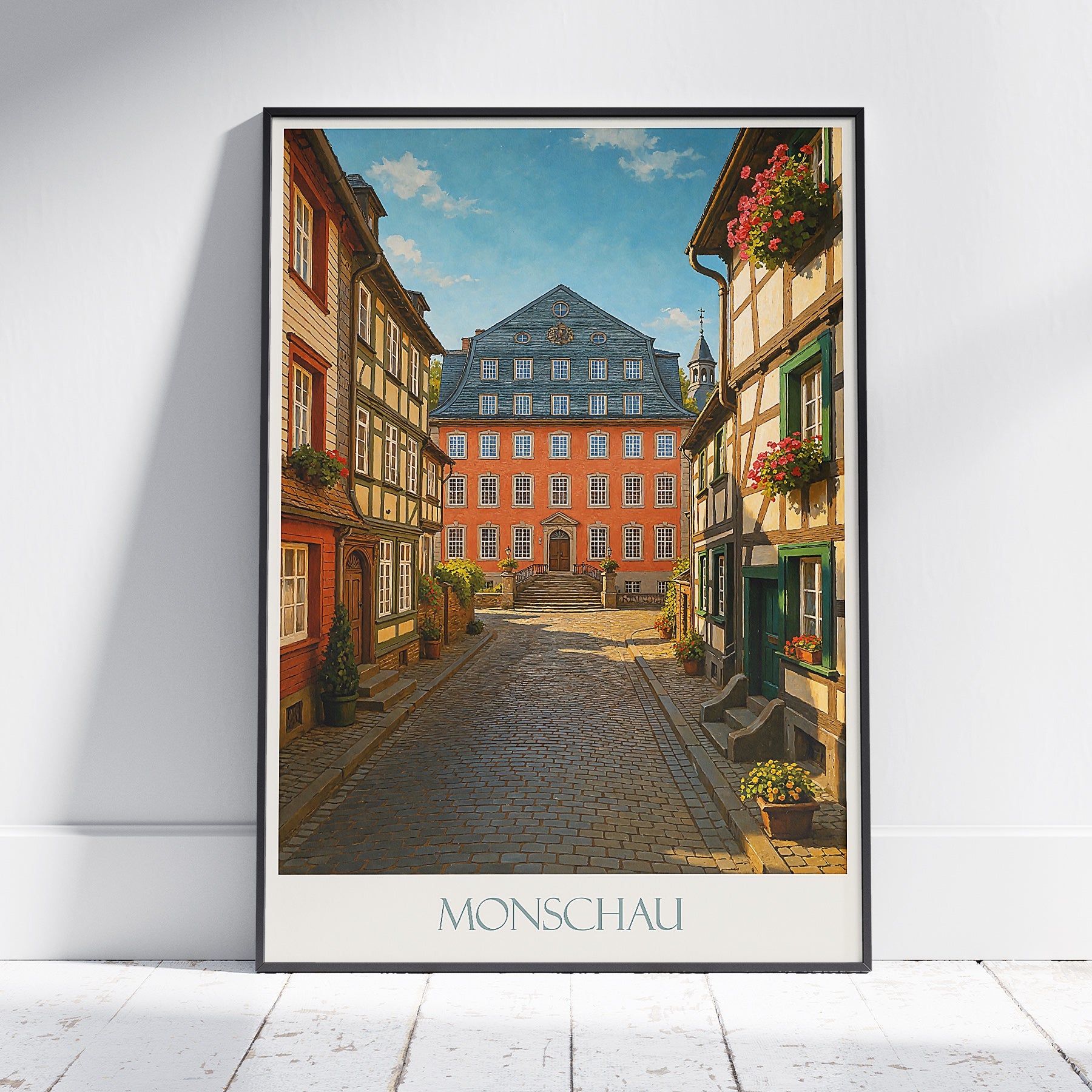 Monschau Travel Poster, Scenic German Street Art | Half-Timbered House Wall Decor | Germany Vacation Gift