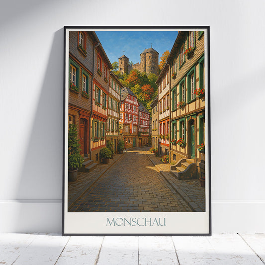 Monschau Germany Travel Poster, Charming Old Town Street | Medieval Village Wall Art Print | German Home Decor