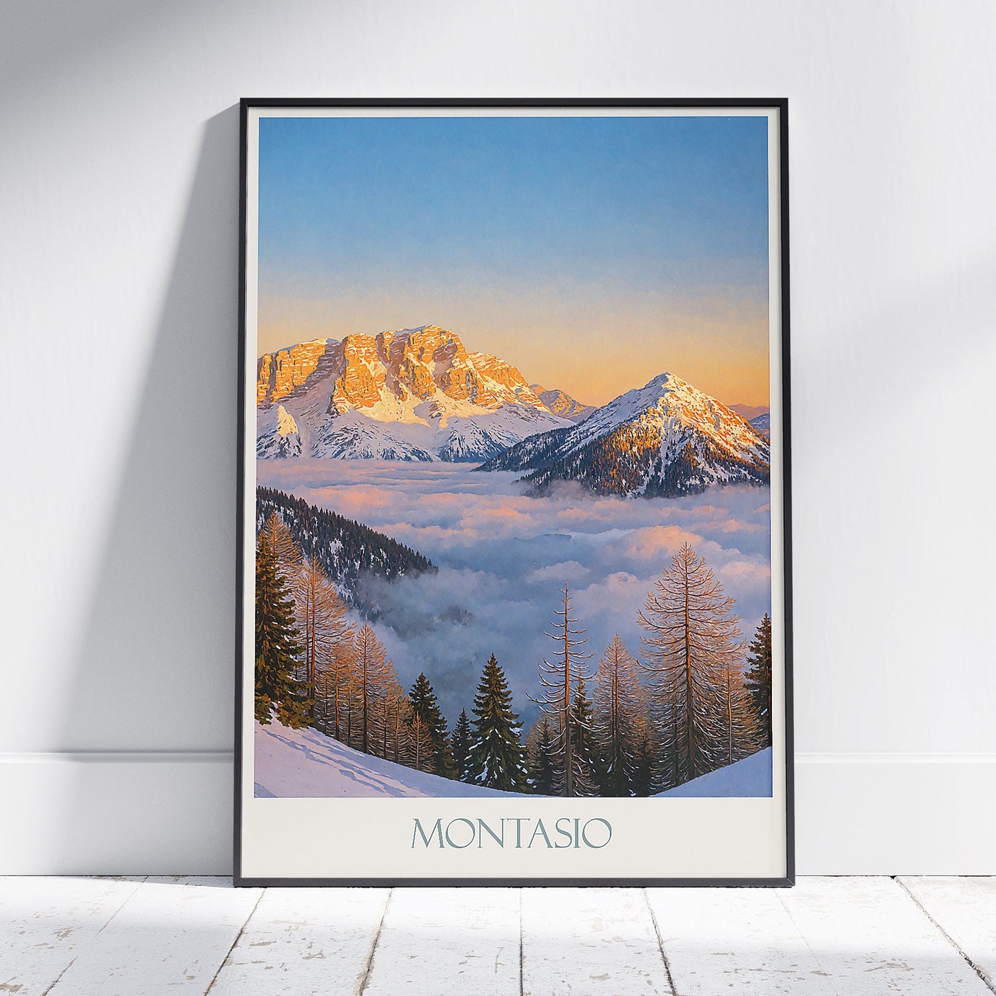 Montasio Travel Poster, Julian Alps Morning Light ~ Italy Mountain Art Print | Winter Landscape Wall Art Decor