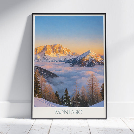 Montasio Travel Poster, Julian Alps Morning Light ~ Italy Mountain Art Print | Winter Landscape Wall Art Decor