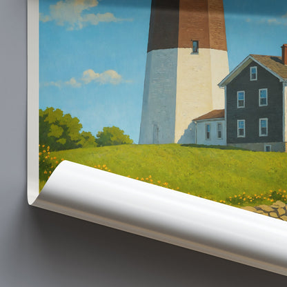Montauk Lighthouse Travel Poster | Long Island NY Painted Art Print | Coastal Wall Decor Gift