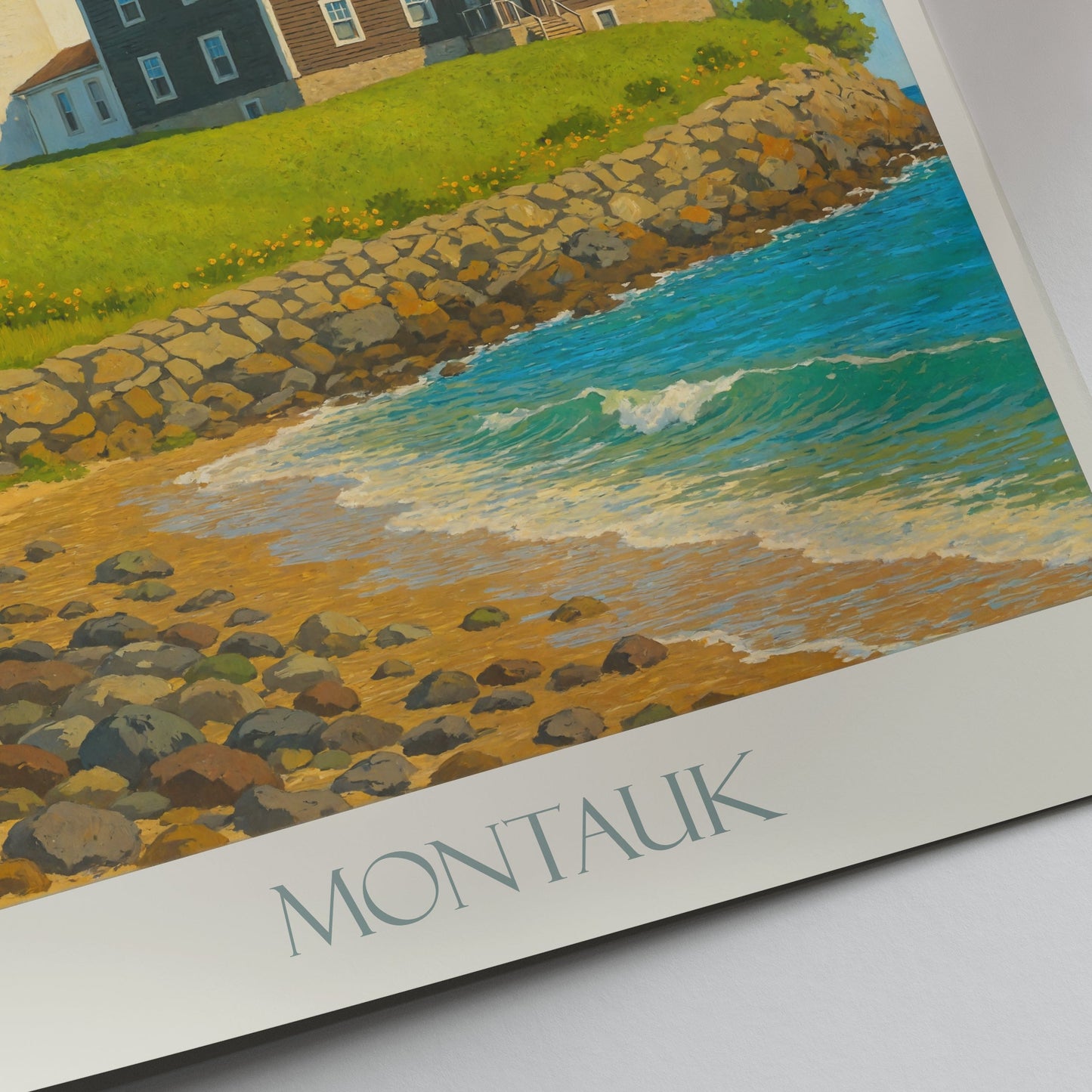 Montauk Lighthouse Travel Poster | Long Island NY Painted Art Print | Coastal Wall Decor Gift