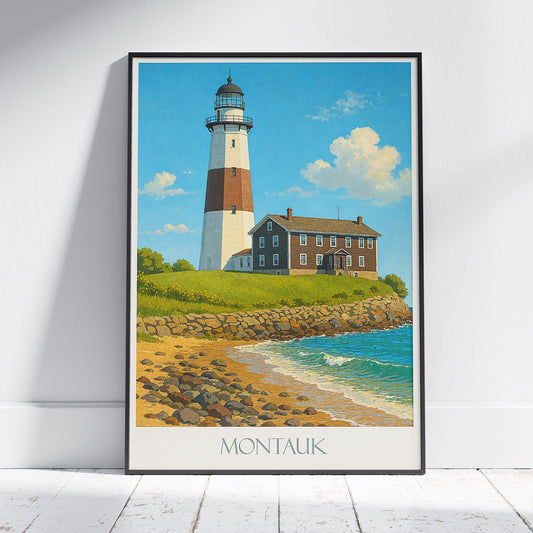 Montauk Lighthouse Travel Poster | Long Island NY Painted Art Print | Coastal Wall Decor Gift