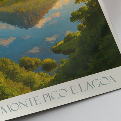 Pico Island Azores Travel Poster, Mount Pico Volcano Art Print | Lake Reflection Decor | Portuguese Nature Gift
