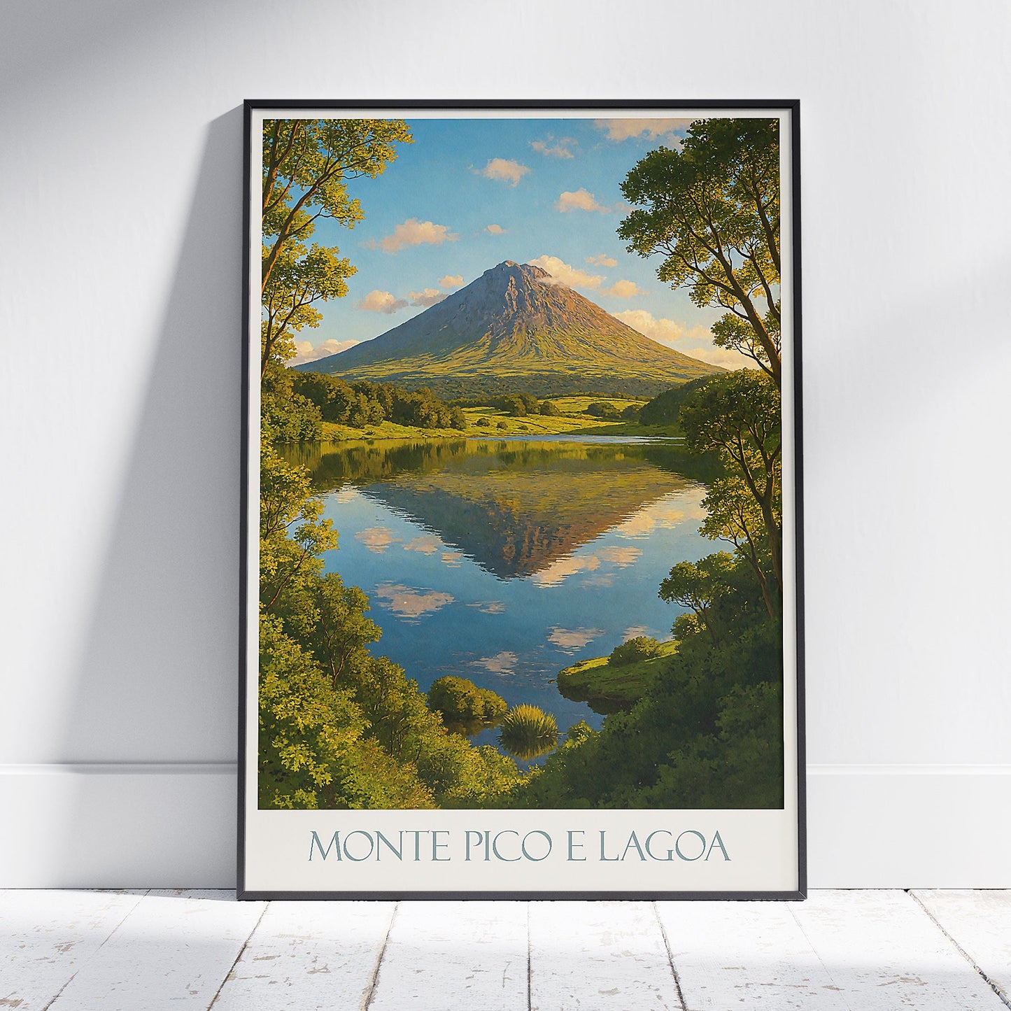 Pico Island Azores Travel Poster, Mount Pico Volcano Art Print | Lake Reflection Decor | Portuguese Nature Gift