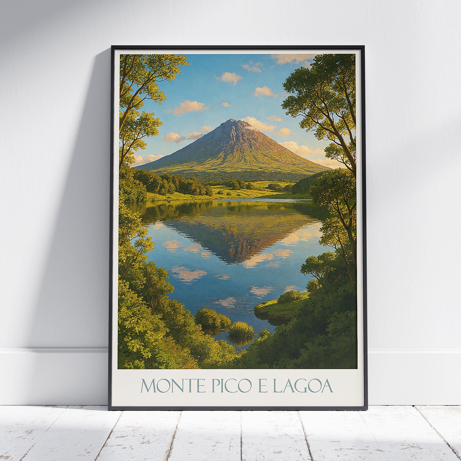 Pico Island Azores Travel Poster, Mount Pico Volcano Art Print | Lake Reflection Decor | Portuguese Nature Gift