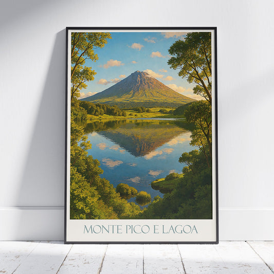 Pico Island Azores Travel Poster, Mount Pico Volcano Art Print | Lake Reflection Decor | Portuguese Nature Gift