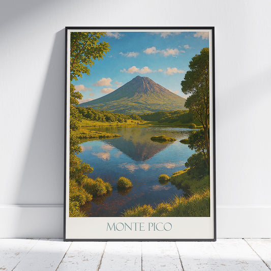 Mount Pico Travel Poster, Azores Island | Vintage Style Portugal Art Print | Lake Reflection Wall Decor | Nature Lover Gift