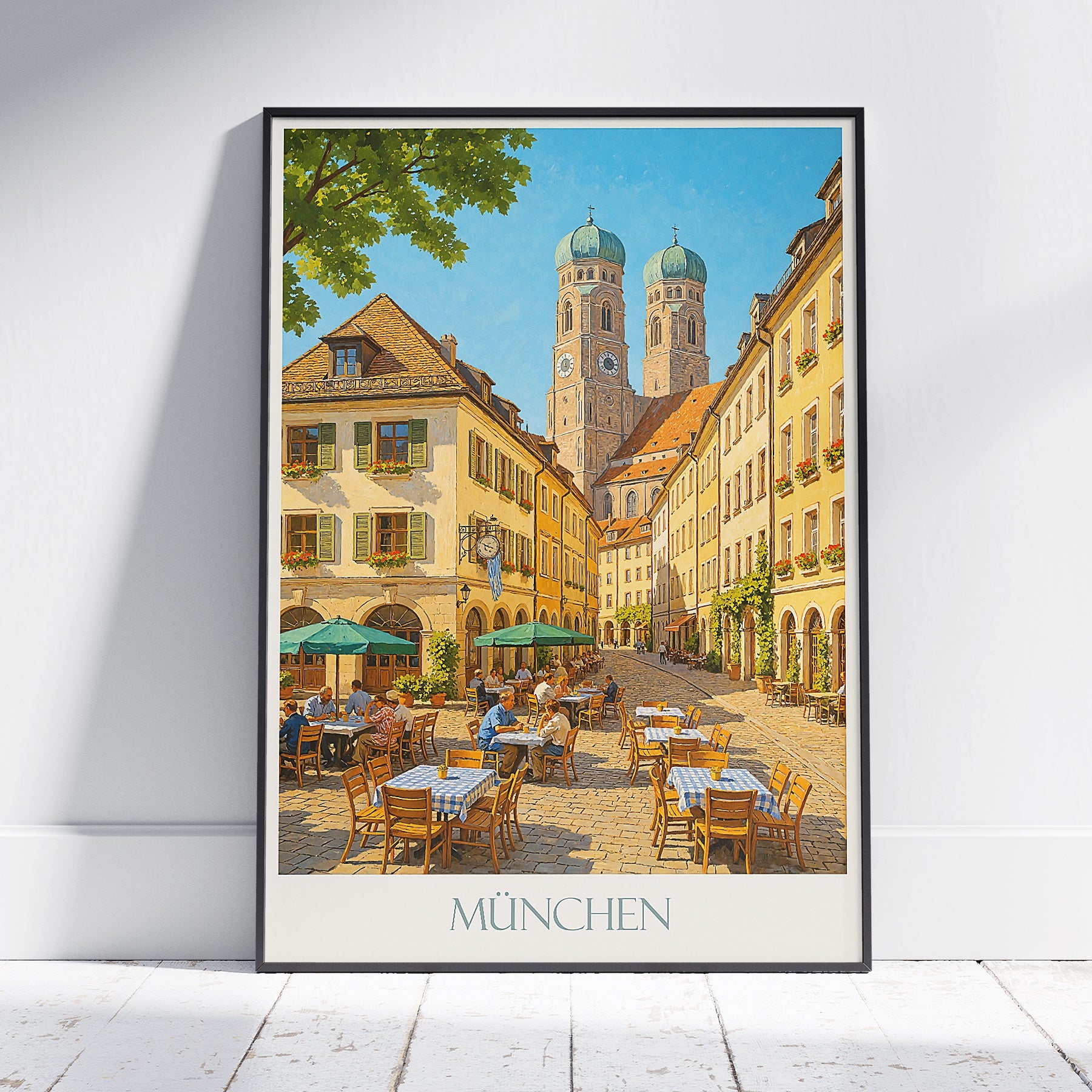 Munich Travel Poster | Vibrant Bavarian Street Scene Wall Art Print | Frauenkirche Art | Germany Home Decor