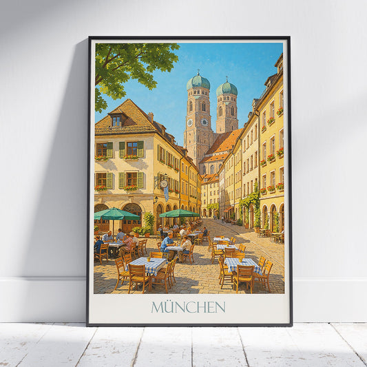 Munich Travel Poster | Vibrant Bavarian Street Scene Wall Art Print | Frauenkirche Art | Germany Home Decor