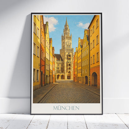 Munich Travel Poster, Neues Rathaus Art Print | Colorful Old Town Street Wall Art | Germany Cityscape Decor