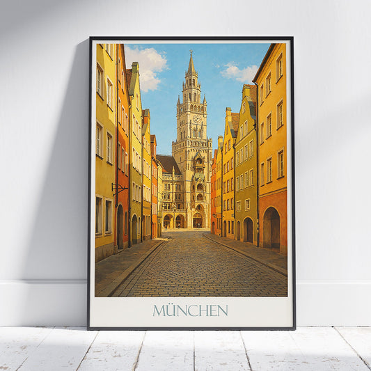 Munich Travel Poster, Neues Rathaus Art Print | Colorful Old Town Street Wall Art | Germany Cityscape Decor