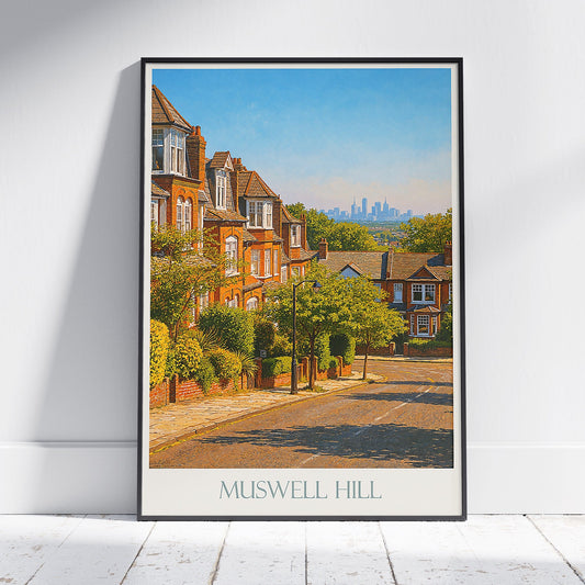 Muswell Hill London Skyline Travel Poster | North London Painted Wall Art Print | UK City View Home Decor Gift