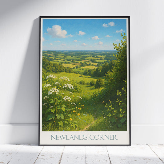 Newlands Corner Travel Poster, Surrey Hills Panorama | English Countryside Painting Art Print | Rural Landscape Home Decor