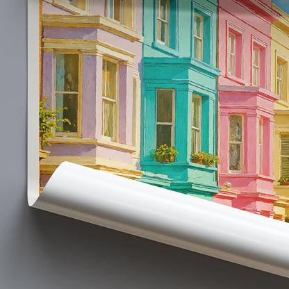 Notting Hill Travel Poster, Colorful London Homes Art Print ~ Vibrant Cityscape Wall Art | UK Vacation Gift