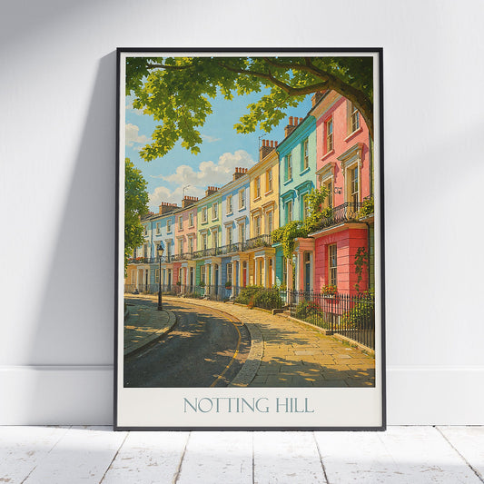 Notting Hill Travel Poster, Colorful London Homes Art Print | Vibrant Cityscape Wall Decor | UK England Souvenir Gift
