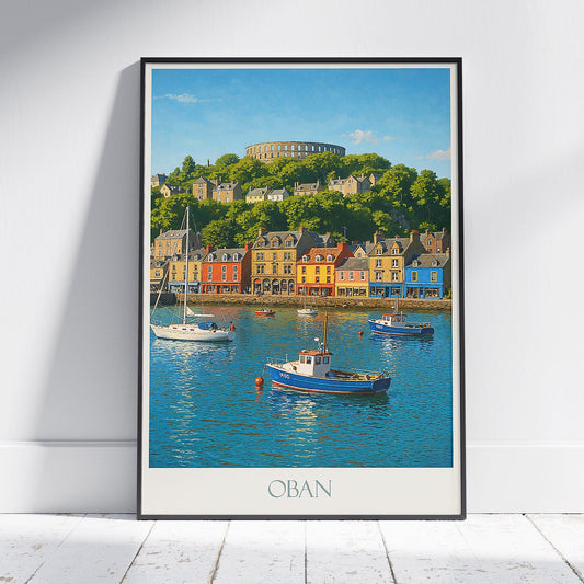 Oban Travel Poster, Scotland ~ Oban Harbor & McCaig's Tower Art Print | Vibrant Scottish Coastal Wall Decor