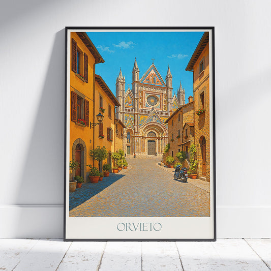 Orvieto Travel Poster, Duomo Cathedral Street Scene | Italian City Art Print & Home Decor | Vintage Italy Vacation Gift