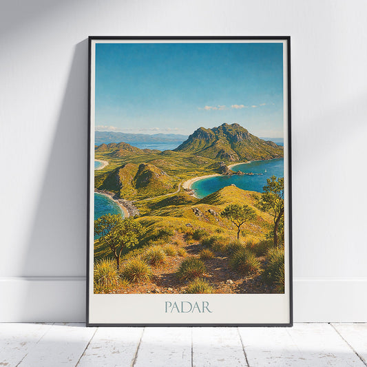 Padar Island Travel Poster | Komodo National Park Art Print | Indonesia Bayscape Wall Decor | Tropical Island Gift