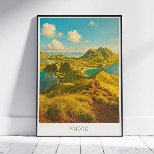 Padar Island Travel Poster | Indonesia Landscape Wall Art Print | Komodo National Park Island View | Vintage Style Home Decor Gift