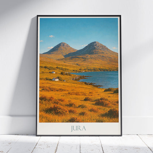 Sunlit Paps of Jura Travel Poster | Isle of Jura Scotland Art Print | Scottish Landscape Wall Decor | Rustic Nature Art