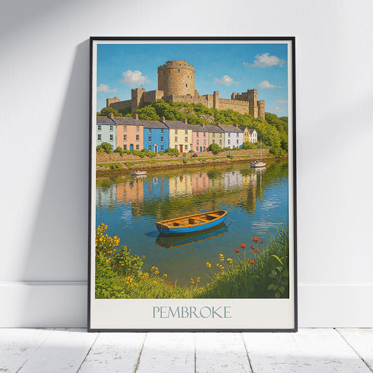 Pembroke Castle Travel Poster | Wales Art Print | Colorful Houses Riverside View | UK Landmark Home Decor | Welsh Heritage Gift