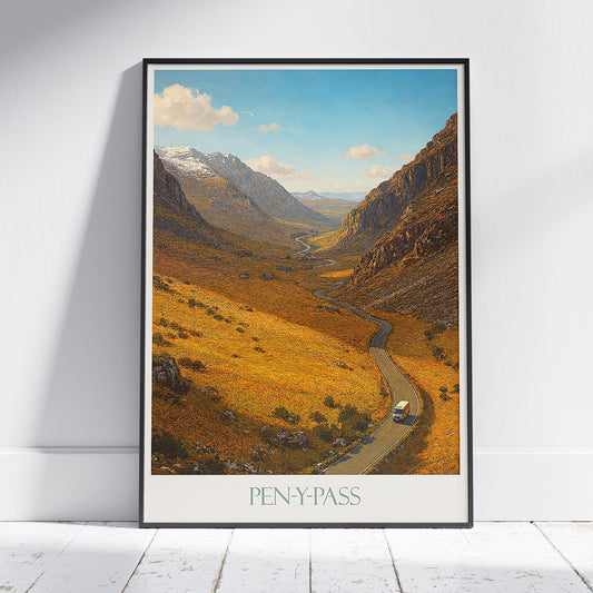 Pen-y-Pass Travel Poster, Snowdonia Road Trip ~ Wales Mountain Landscape Print | Vintage Inspired Home Decor | Adventure Wall Art Gift