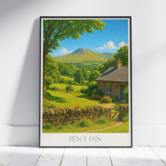Pen y Fan Travel Poster, Brecon Beacons Welsh Landscape Art | Cottage & Mountain Vista Print | UK Nature Decor