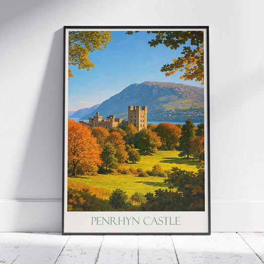 Penrhyn Castle Travel Poster, Wales UK ~ Autumn Castle Art Print | Historic Landscape Decor & Gift
