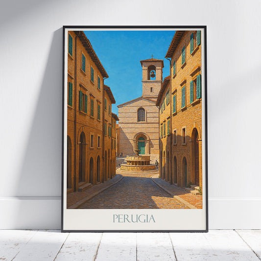 Perugia Travel Poster | Italy Medieval City Wall Art Print | Umbria Old Town Decor | Historic European Street