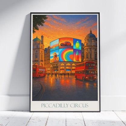 Piccadilly Circus Travel Poster | Sunset London Art Print | Iconic UK Cityscape Wall Decor | British Double Decker Bus Artwork