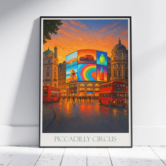 Piccadilly Circus Travel Poster | Sunset London Art Print | Iconic UK Cityscape Wall Decor | British Double Decker Bus Artwork