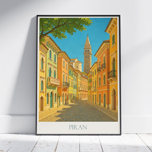 Piran Slovenia Travel Poster, Pastel Architecture Wall Art Print | St. George Bell Tower | Adriatic Coast Decor