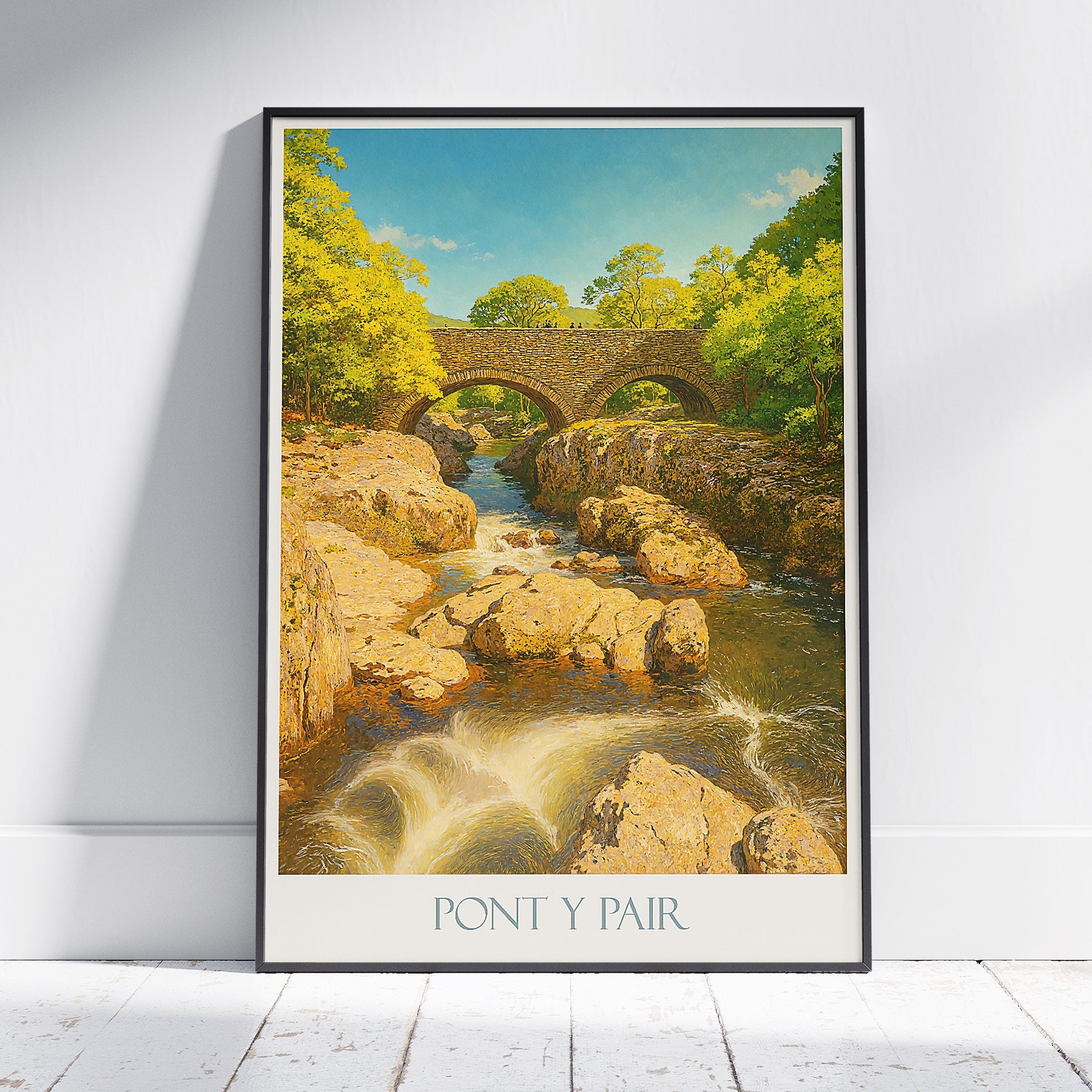 Pont y Pair Travel Poster, Betws-y-Coed | Snowdonia Wales River Art Print | Scenic Bridge Landscape Wall Decor