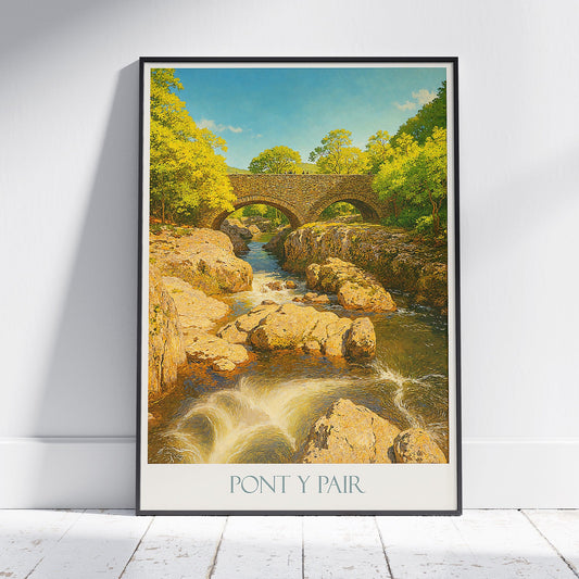 Pont y Pair Travel Poster, Betws-y-Coed | Snowdonia Wales River Art Print | Scenic Bridge Landscape Wall Decor