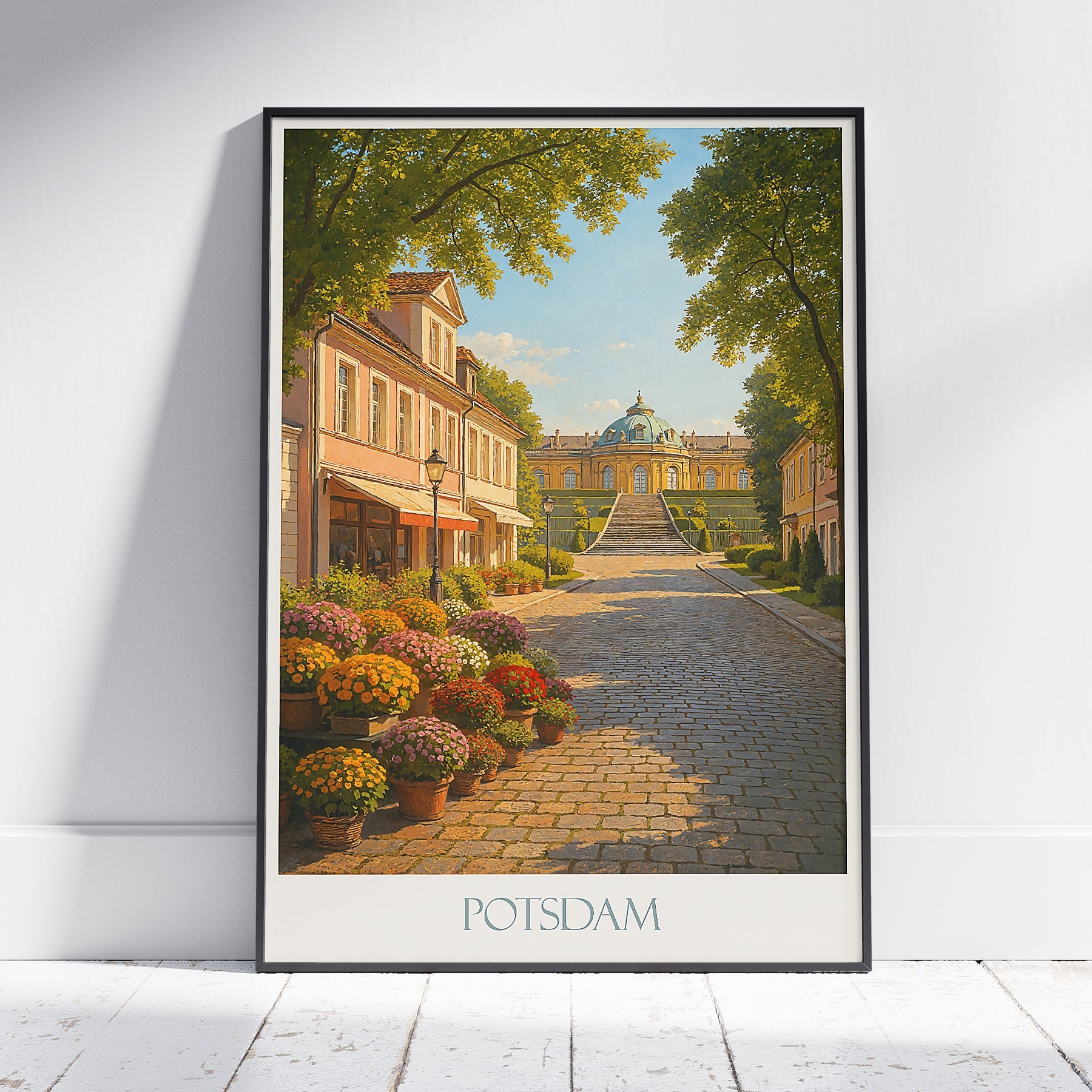 Potsdam Travel Poster | German Palace Art Print | Charming Cobblestone Street Scene | Sanssouci Park Decor | Germany Wall Art Gift