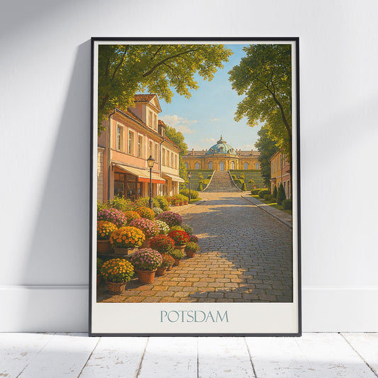 Potsdam Travel Poster | German Palace Art Print | Charming Cobblestone Street Scene | Sanssouci Park Decor | Germany Wall Art Gift