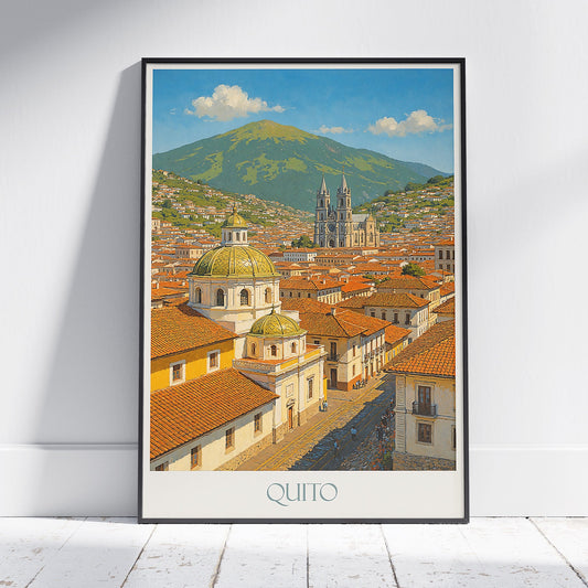 Quito Travel Poster | Ecuador Cityscape Wall Art Print | Basílica del Voto Nacional & Cotopaxi | Vintage Style Home Decor Gift