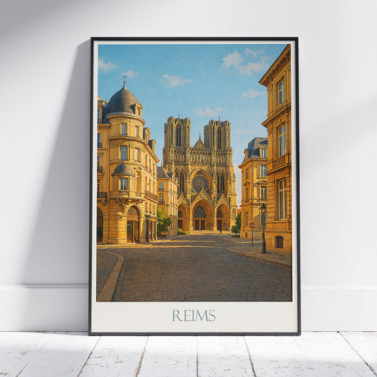 Reims Travel Poster, Notre-Dame Cathedral Art | French Cityscape Print | Vintage Style Home Decor Gift