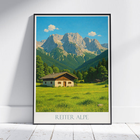 Reiter Alpe Travel Poster, Bavarian Alps | Rustic Mountain Chalet Art Print | Idyllic Alpine Home Decor & Gift