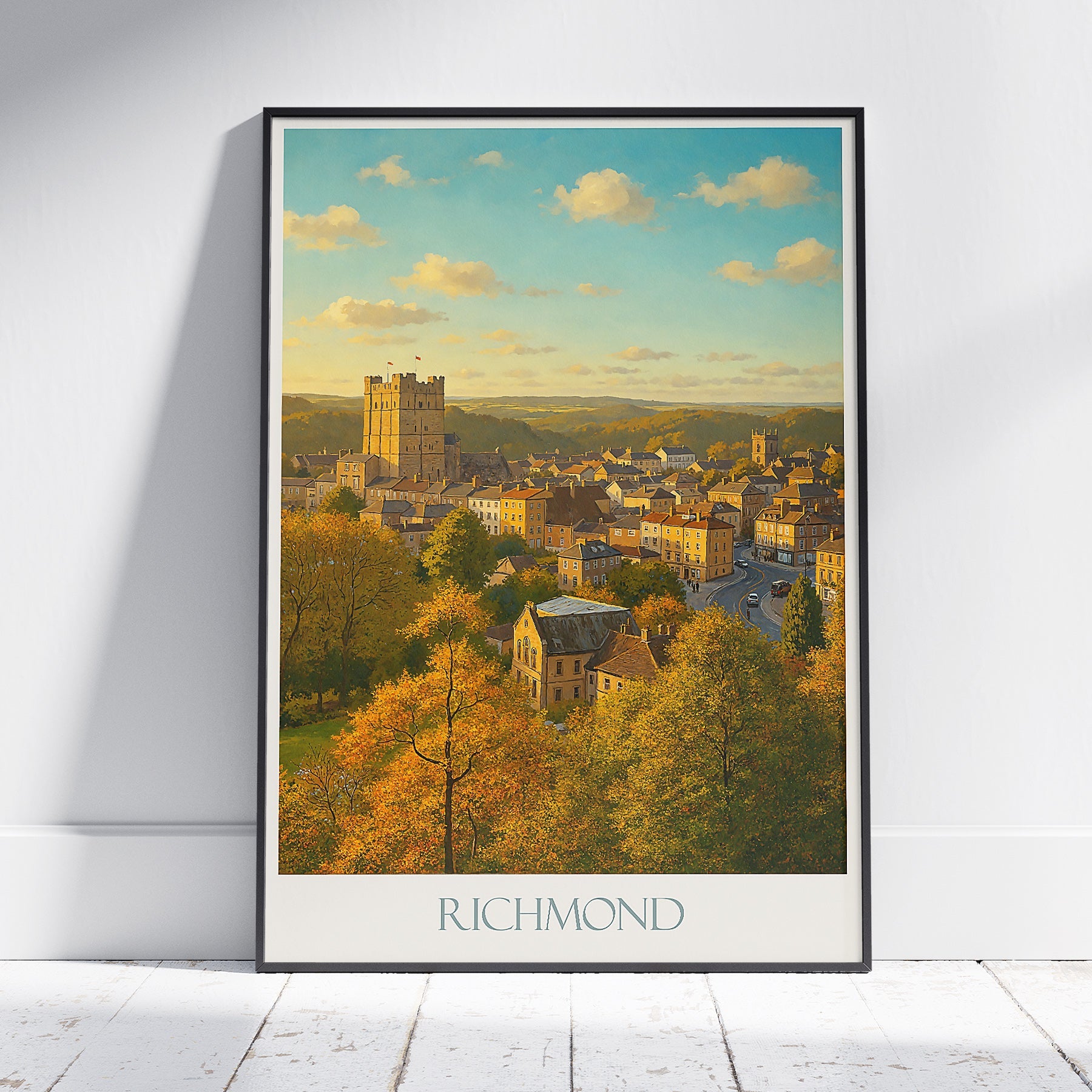 Richmond England Travel Poster, Castle Sunset View | Autumn Painted Wall Art Print | UK Cityscape Home Decor
