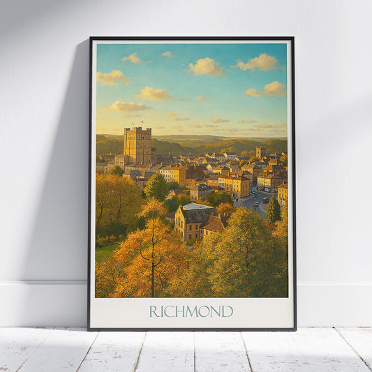 Richmond England Travel Poster, Castle Sunset View | Autumn Painted Wall Art Print | UK Cityscape Home Decor