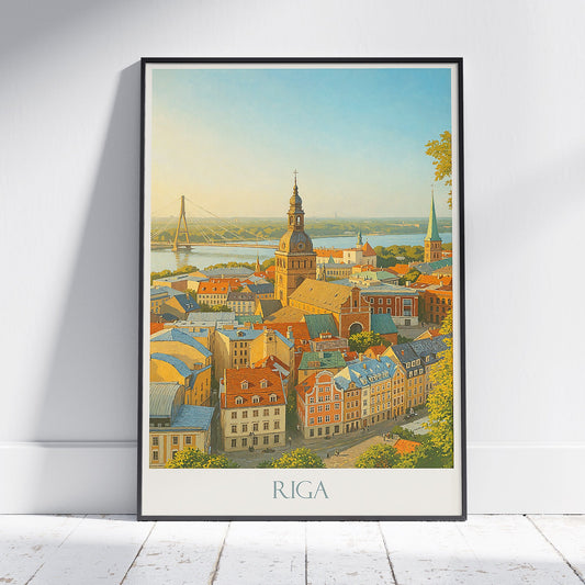 Riga Travel Poster, Latvia Skyline Art Print | Old Town Daugava River Wall Art Decor | European Cityscape Gift