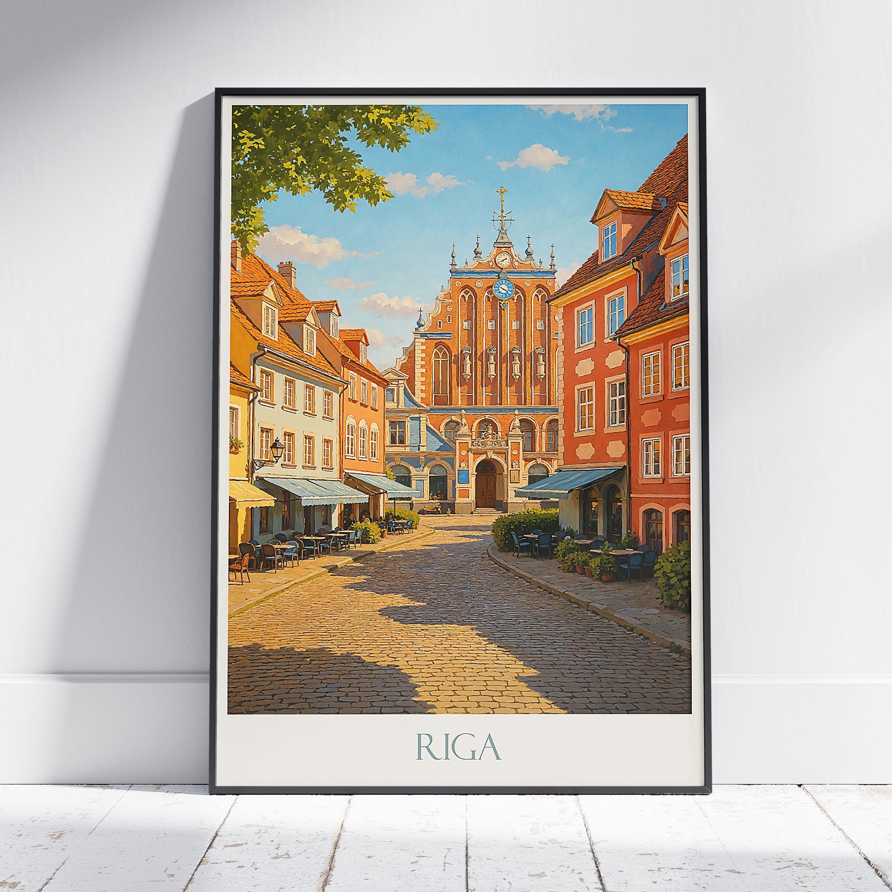 Riga Travel Poster | Latvia Colorful Old Town Street Art Print | House of the Blackheads Wall Decor