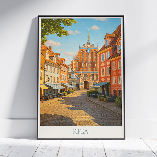 Riga Travel Poster | Latvia Colorful Old Town Street Art Print | House of the Blackheads Wall Decor