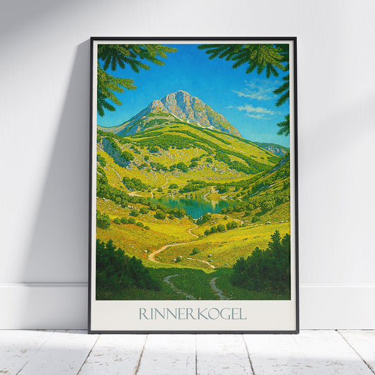 Rinnerkogel Wildensee Travel Poster | Austrian Alps Mountain Lake Print | Vintage Nature Wall Art Gift